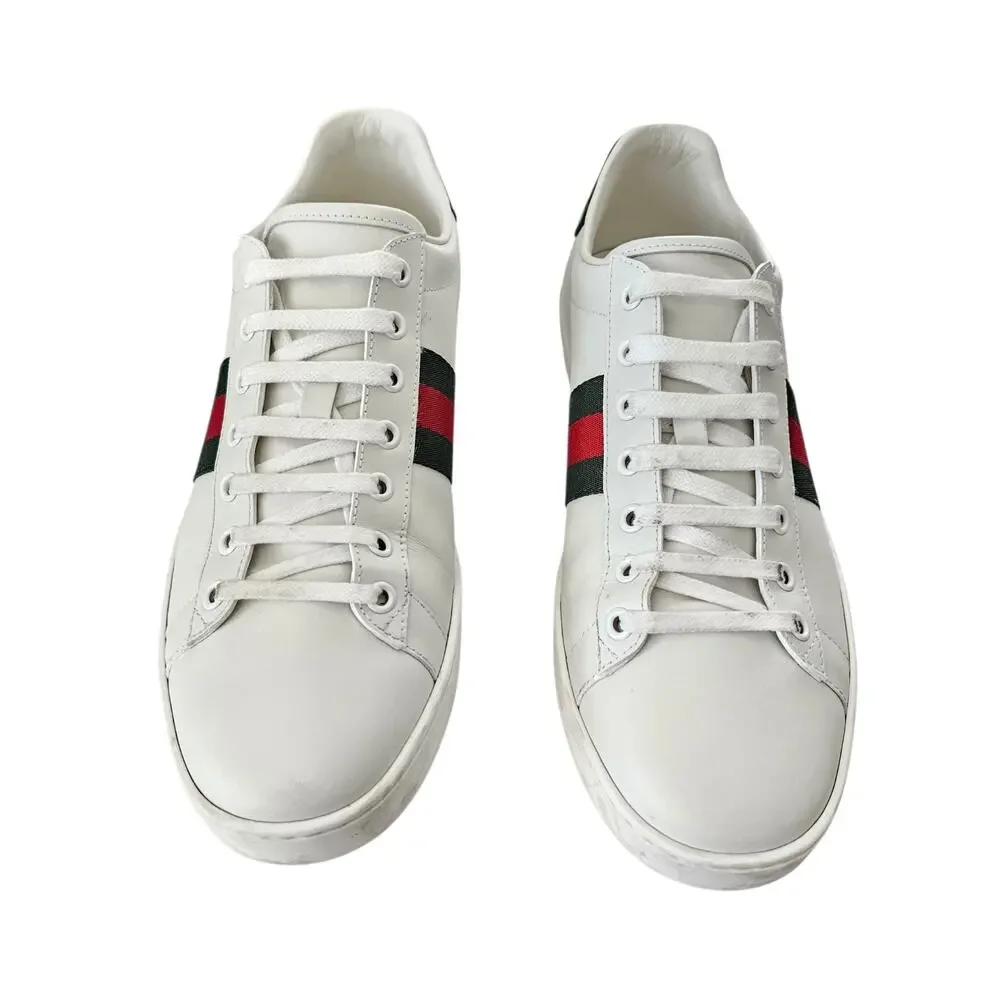 Gucci Ace Web Stripe Low Top Sneaker White Leather Green Red Size 40.5 US 10.5